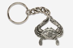 A silver crab keychain with chain attached to it.