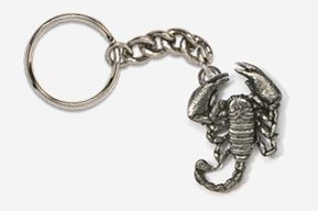 A silver keychain with a scorpion on it.