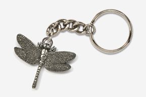 A silver key chain with a dragonfly on it.