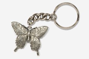 A silver butterfly keychain with chain attached.