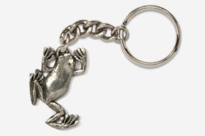 A silver frog keychain with chain attached to it.