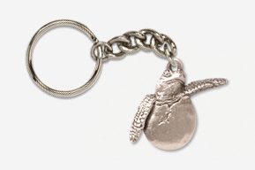 A silver turtle keychain with chain attached.