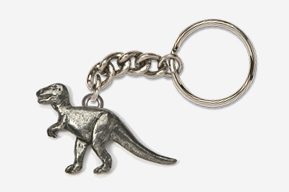 A silver key chain with a dinosaur on it.