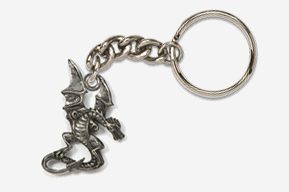 A silver key chain with a skeleton holding a sword.