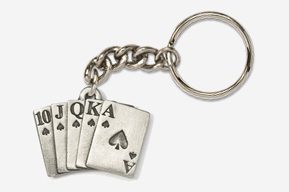 A silver key chain with four cards on it.