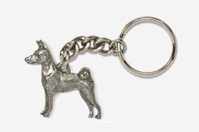 A silver dog keychain with chain