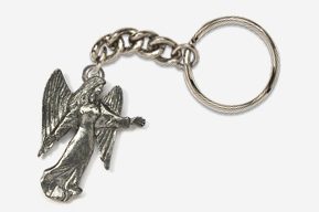 A silver key chain with an angel on it.