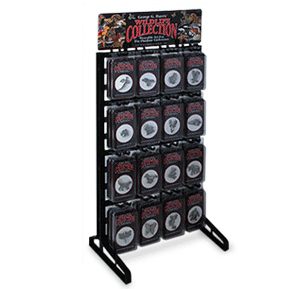 A display rack with 1 6 different coin holders.