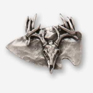 A silver deer skull with antlers on top of it.