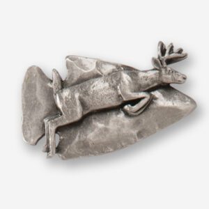 A silver deer brooch is shown here.