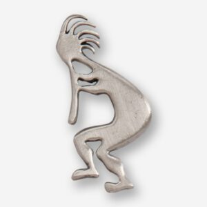 A silver pin with an image of a man holding something.