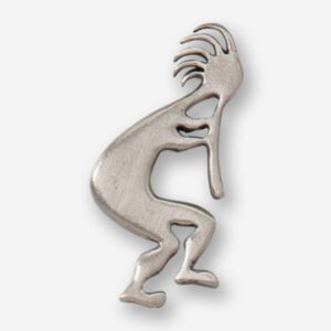 A silver pin with an image of a kokopelli.