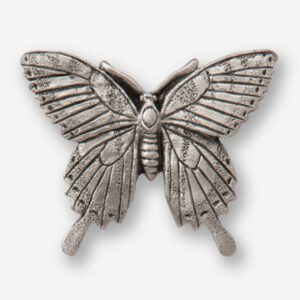 A silver butterfly with wings spread.