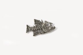 A silver fish shaped pin with a skeleton of a fish.