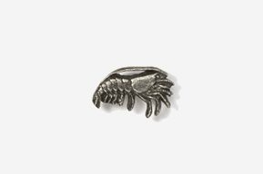 A silver pin with a lobster on it.