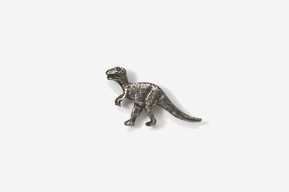 A silver dinosaur pin on a white surface.