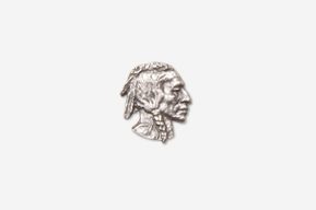 A silver indian head pin on top of a white background.