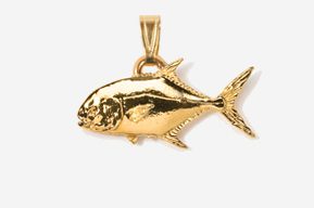 A gold fish is hanging on the side of a chain.