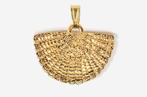 A gold pendant with a chain link design.