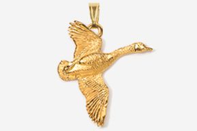 A gold goose flying in the air.