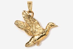 A gold duck pendant is shown in flight.