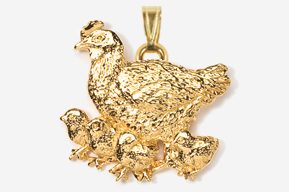 A gold chicken and chicks pendant is shown.