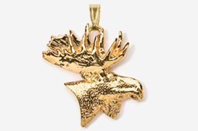 A gold plated moose head pendant with a chain.