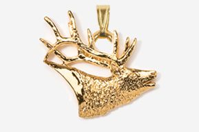 A gold deer head pendant with antlers.