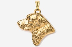 A gold plated dog head pendant is shown.