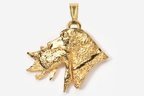 A gold pendant of a dog 's head and its face.