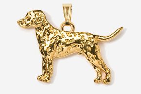 A gold plated dog pendant with a chain.