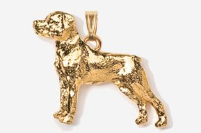 A gold plated dog pendant is shown.