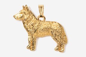 A gold colored dog pendant is shown.