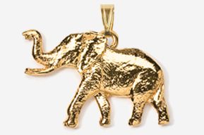 A gold elephant is hanging from the side of a chain.