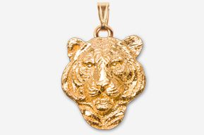 A gold tiger head pendant is shown.