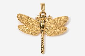 A gold dragonfly pendant with a crown on it's head.