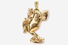 A gold frog pendant hanging from the side of its body.