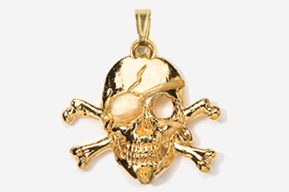 A gold skull and crossbones pendant with one eye.