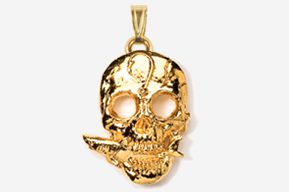 A gold skull with a question mark on it's face.