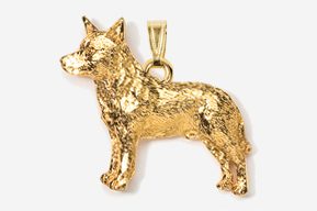 A gold plated dog pendant is shown.