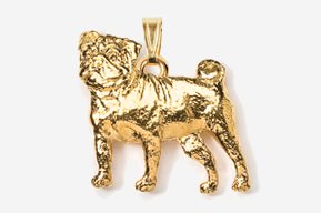 A gold colored dog pendant is shown.