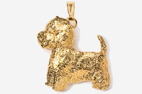 A gold plated dog pendant is shown.