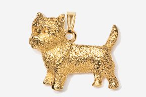 A gold plated dog pendant is shown.