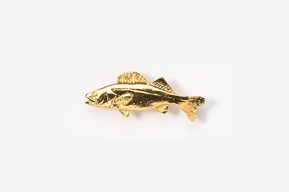 A gold fish pin is shown on a white background.