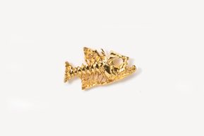 A gold fish bone pin with a small white diamond on it.