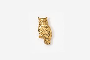 A gold owl is sitting on the ground.