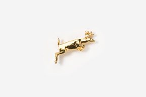 A gold colored animal pin with a white background