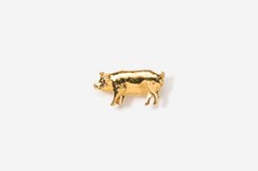 A gold pig is standing up against the wall.