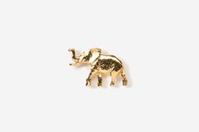 A gold elephant is standing up against the wall.