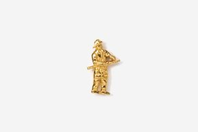 A gold pin of a man holding a cane.